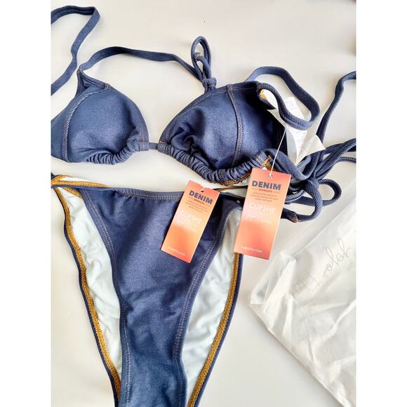 NWT Cupshe X JoJo Escaping Denim Effect Bikini Top & Side Tie Bottoms Set Blue S - Picture 5 of 9